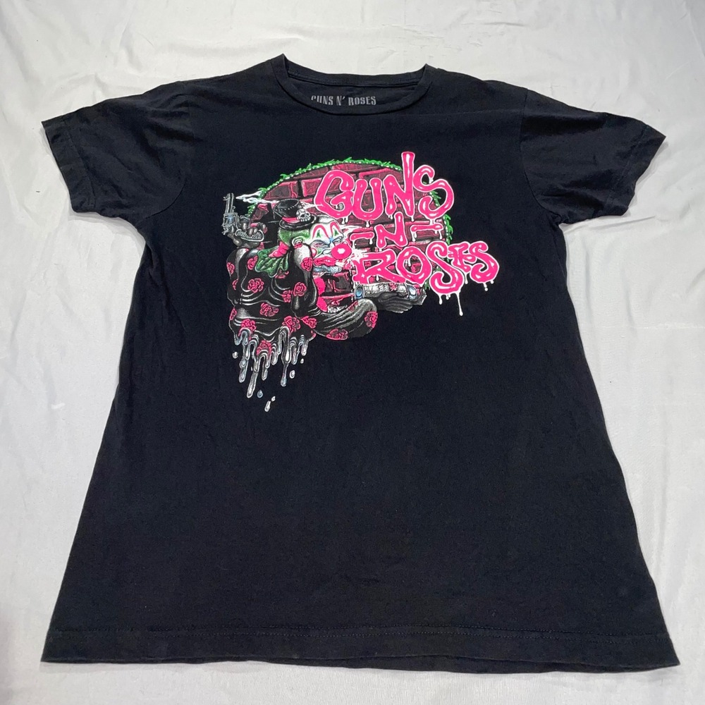 Guns N' Roses Womens Black Graphic T-Shirt Clown Roses Pink Green Small
